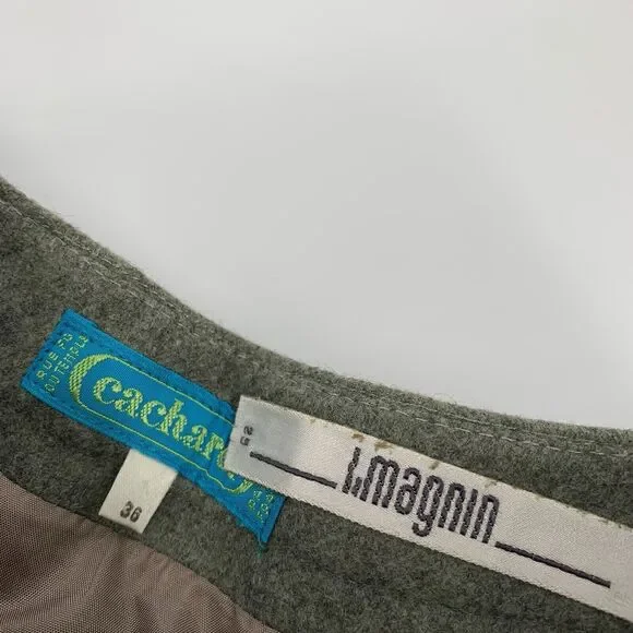 Vintage 1970s Cacharel Pleated Wool A-Line Button Front Skirt 36 US 4 Green Gray - Picture 3 of 7